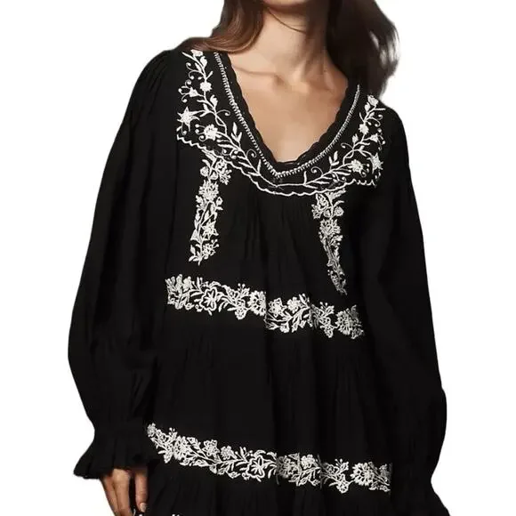 Anthropologie Long Sleeve Black Embroidered Lace Trim Swing Dress size XXS - Picture 4 of 11